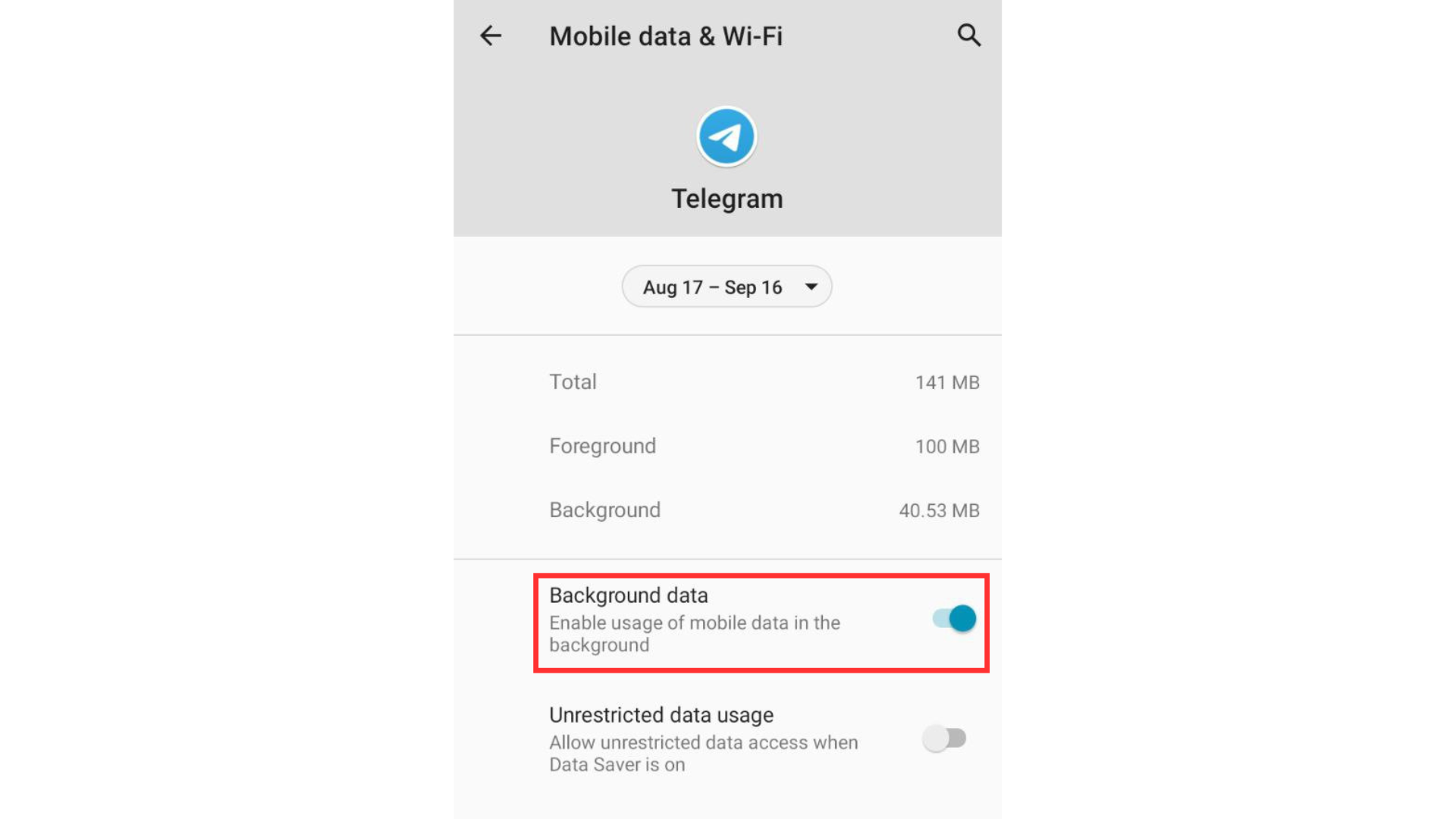 Android settings β Telegram mobile data & Wi-Fi screen with Background data enabled.